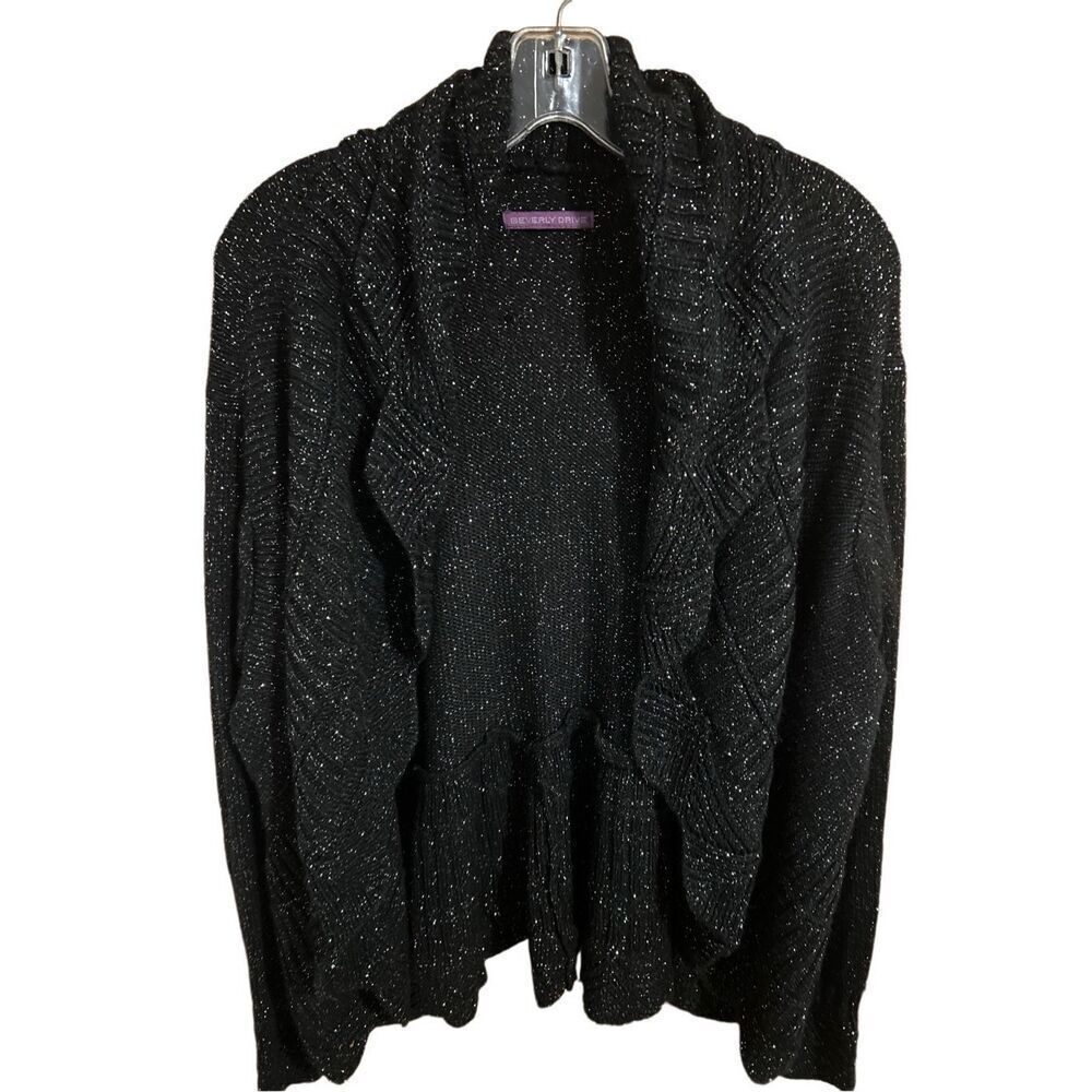 Beverly Drive Women’s Size L Open Cardigan Sweater Ruffled Scalloped Bling
